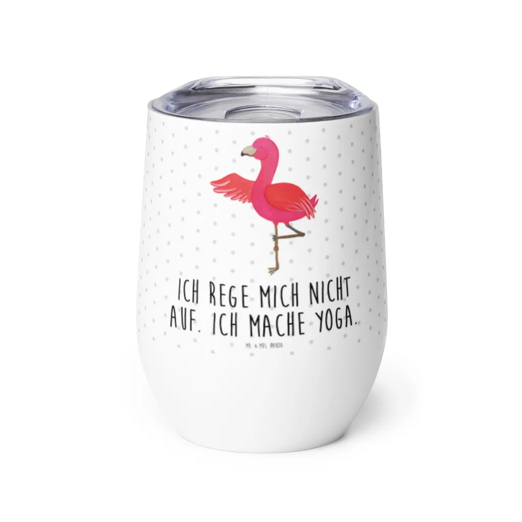 Mr. & Mrs. Panda Weinbecher Flamingo Yoga - Weiß - Geschenk, Weinkelch, hochwertiger Weinbecher, Trinkbecher, Yoga-Übung, Rosa, Glühwein Becher, Heißgetränke, Namaste